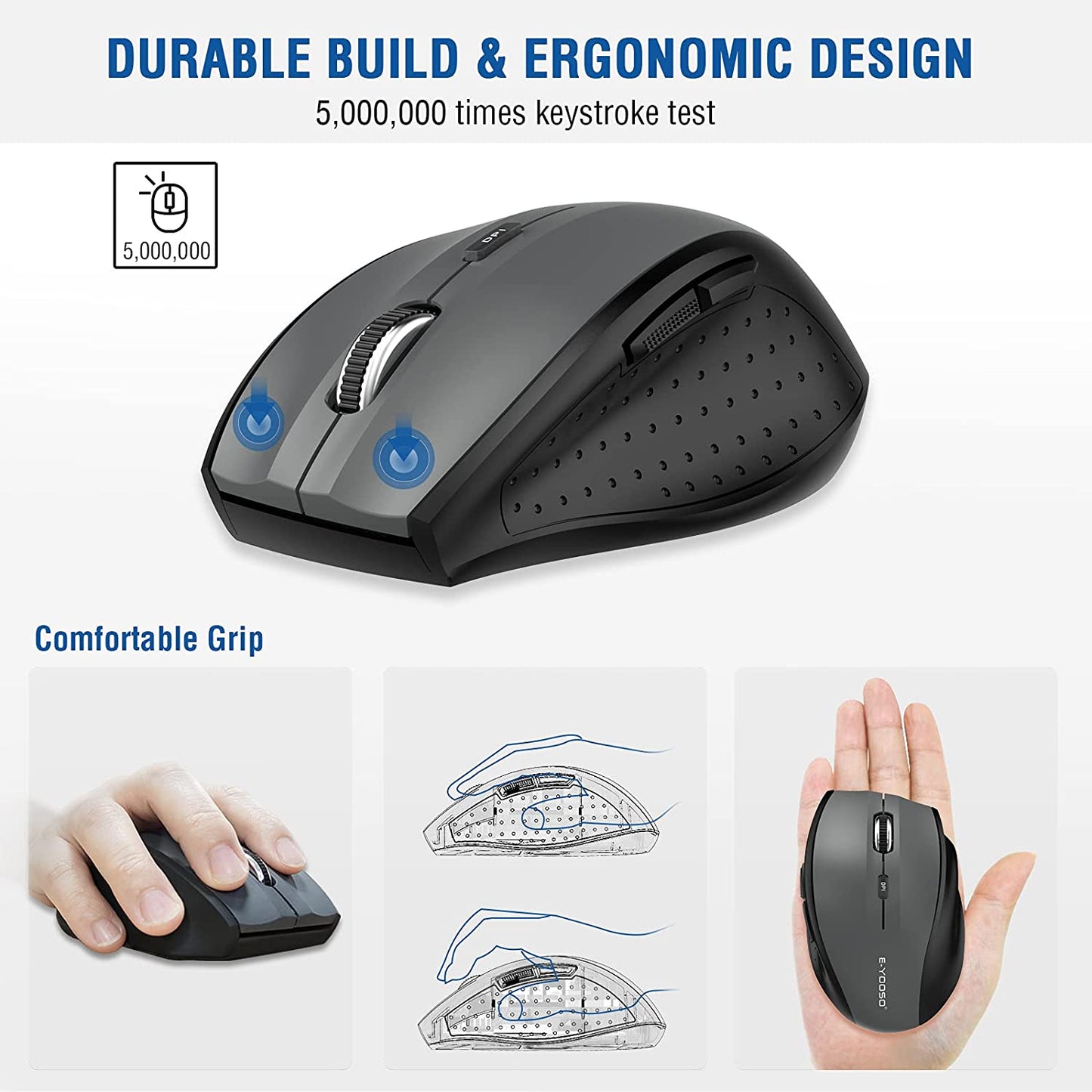 Wireless Mouse, Computer Mouse 18 Months Battery Life Cordless Mouse, 5 Level 4800 DPI, 6 Button Ergo Wireless Mice, 2.4G Portable USB Wireless Mouse for Laptop, Mac, Chromebook, PC, Windows