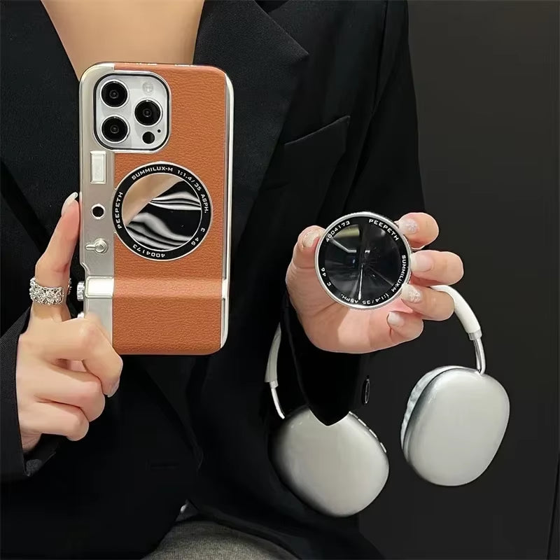 Retro Bluetooth Camera Phone Case for  15 14 13 12 Pro Max Magnetic Cosmetic Mirror for  15Promax Hard Phone Cover