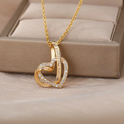 Double Love Heart Pendant Necklace for Women Stainless Steel Gold Color Necklaces Couple Jewelry Valentines Day Gift