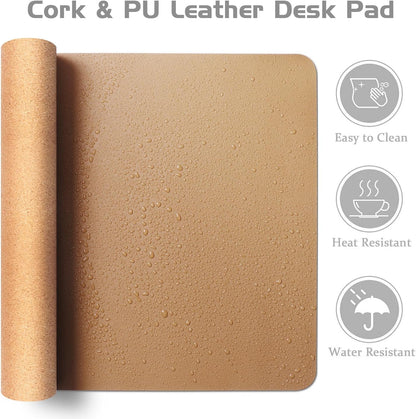 Dual-Sided Desk Pad - Leather Desk Mat, Natural Cork Desk Pad Protector, Large Mouse Pad for Desk, Waterproof Desk Blotter Pad, Desk Writing Pad for Office Work/Home, Apricot(25.6"X13.7")