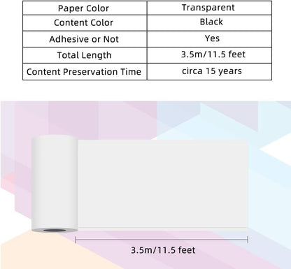 Clear Paper for M02 M02 Pro M02S M03, Transparent, Original, Adhesive, Thermal Printer Paper, Glossy Sticker Paper, for Pocket Printer, 53Mm X 3.5M, Diameter 30Mm, 3-Rolls